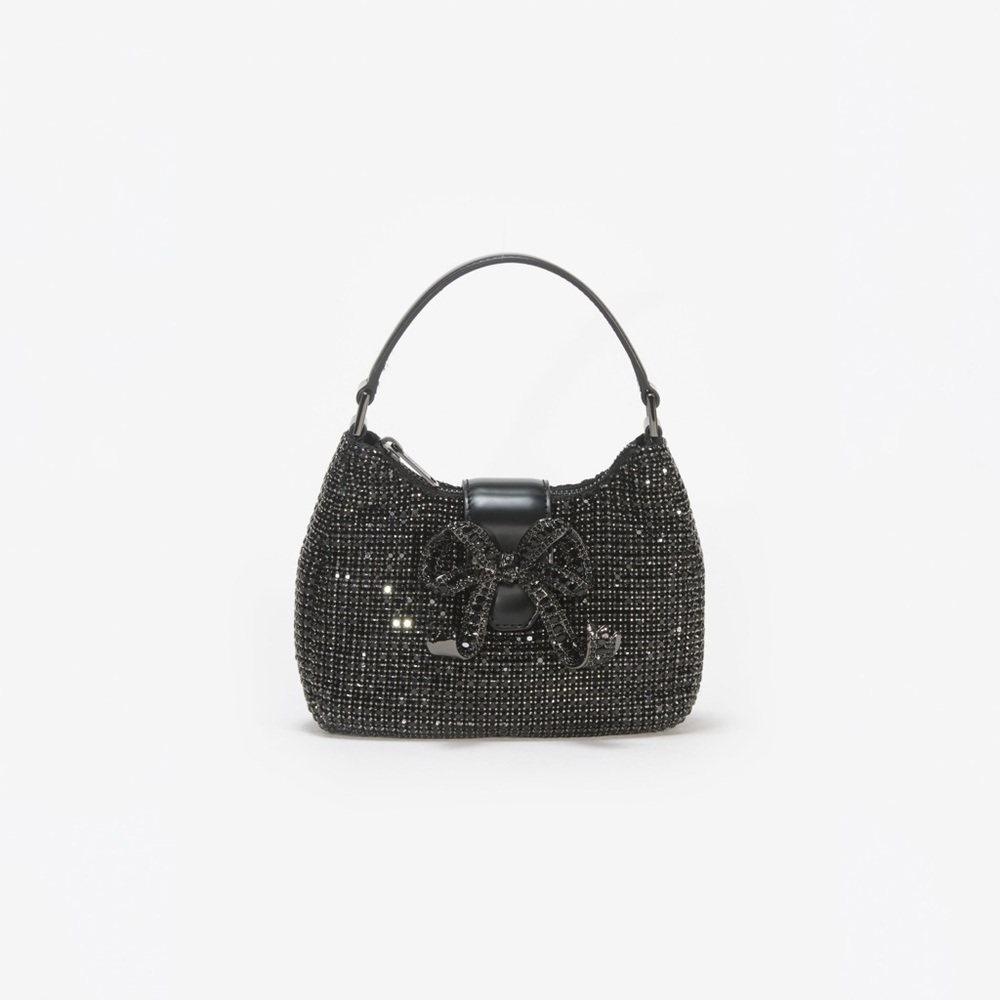 NWT Self-Portrait Rhinestone Chainmail Leather Crescent Bag, Black
